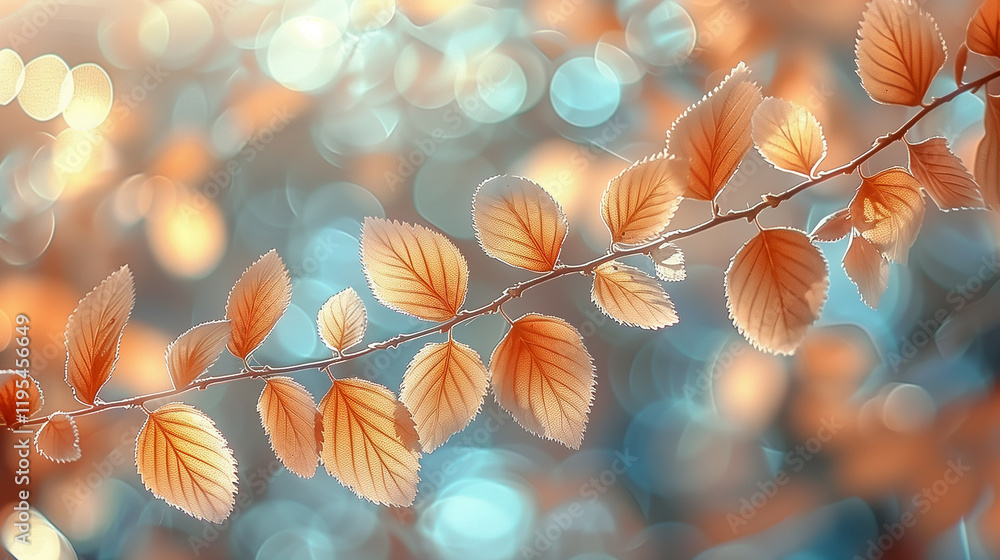 A Close-up Photograph of a Branch with Delicate Autumn Leaves, Glowing in Warm Light Against a Soft, Bokeh Background A Close-up Photograph of a Branch with Delicate Autumn Leaves, Glowing in Warm Light Against a Soft, Bokeh Background