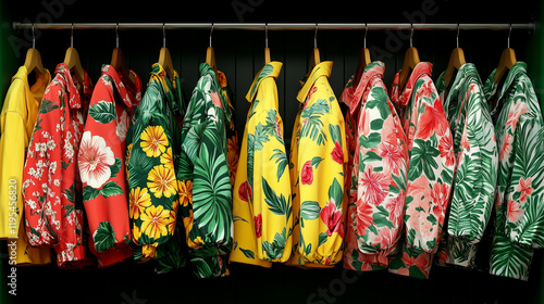 Collection of Colorful Hawaiian Shirts with Tropical Floral Patterns on Black Background photo