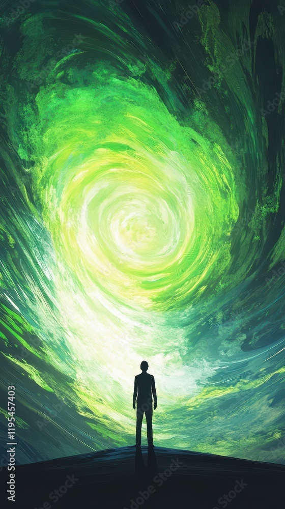 Fototapeta premium A lone figure observes a swirling green cosmic vortex