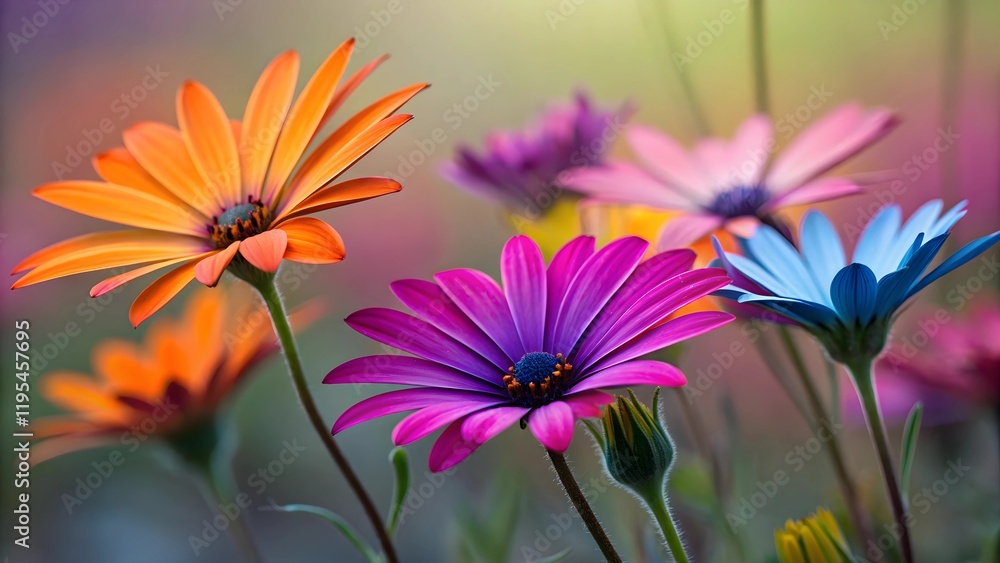 Fototapeta premium Vibrant colorful flowers in close up. A close-up view of several vibrant gazania flowers in shades of orange, purple. 