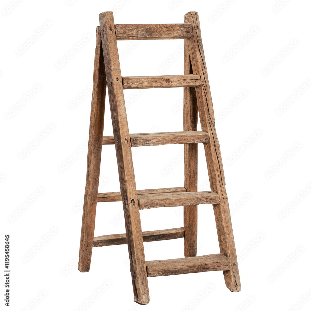 A rustic wooden ladder with five steps, perfect for home projects and decoration. A rustic wooden ladder with five steps, perfect for home projects and decoration.