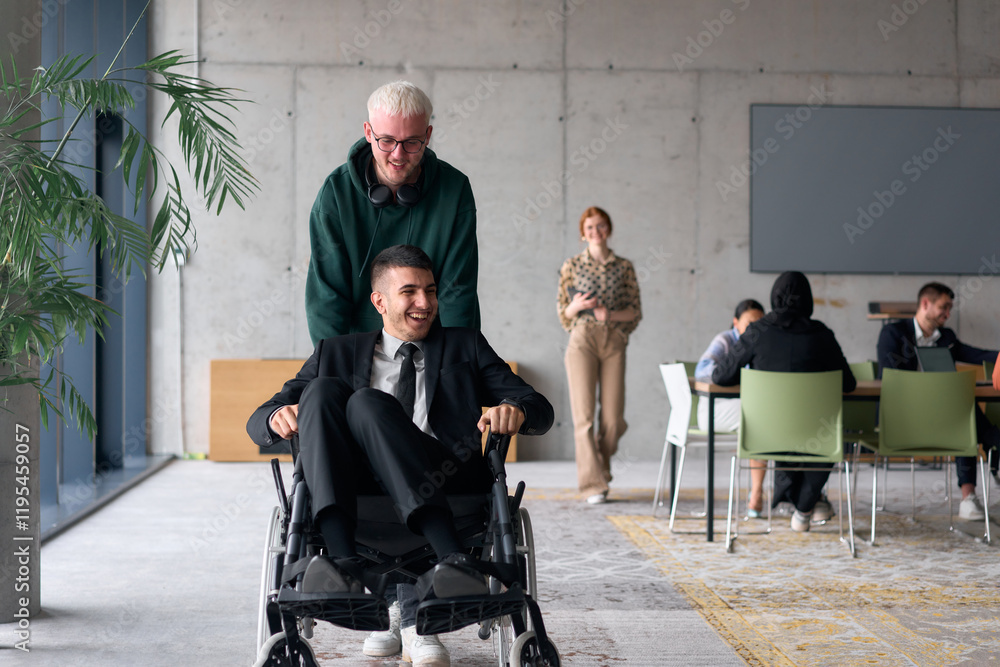 Obraz premium Employee Entertaining Director in a Wheelchair While Rolling Through the Office with Laughter and Joy.