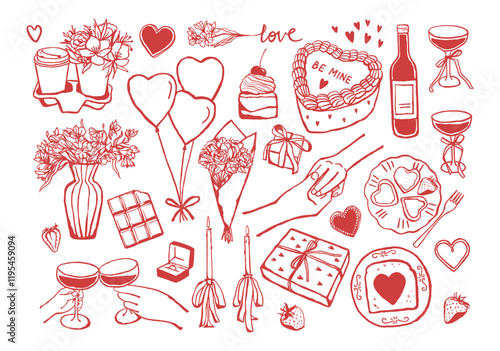 Valentines day romantic objects set. Hand drawn monochrome illustrations such as sweet food, drinks, gift, flowers, candle, balloons