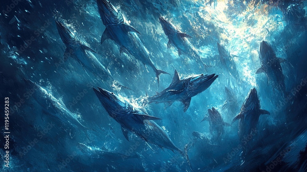 Fototapeta premium A dramatic underwater scene of a school of barracuda hunting, showcasing the raw power and beauty of marine life in action 