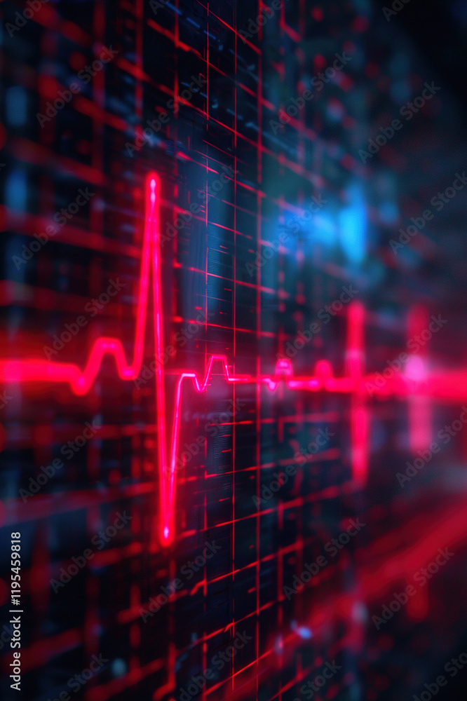 Glowing red digital heartbeat line pulsating rhythmically on a vibrant blue grid background Glowing red digital heartbeat line pulsating rhythmically on a vibrant blue grid background