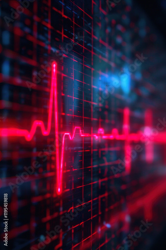 Glowing red digital heartbeat line pulsating rhythmically on a vibrant blue grid background photo