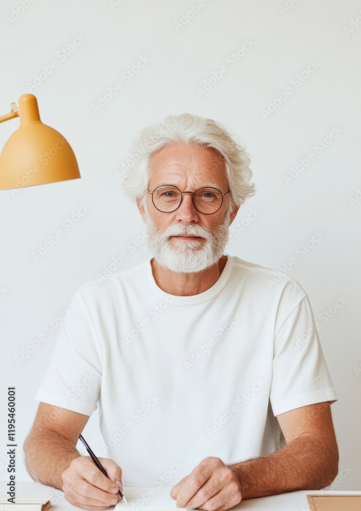 Minimalist Workspace Portrait Mature Male with Modern Lamp and Notebook - Contemporary Office Design and Professional Branding for Creative Industries Minimalist Workspace Portrait Mature Male with Modern Lamp and Notebook - Contemporary Office Design and Professional Branding for Creative Industries
