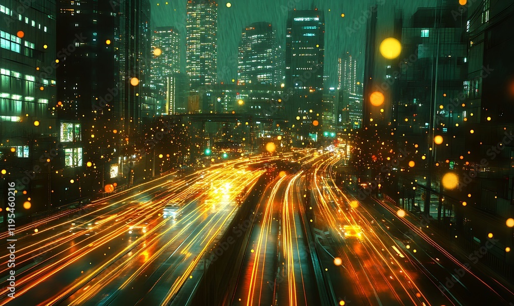 Obraz premium A dynamic city image with speed lines and glowing trails creating a network effect