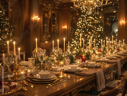 A beautifully decorated Christmas table setting, flowers, candlelight photo