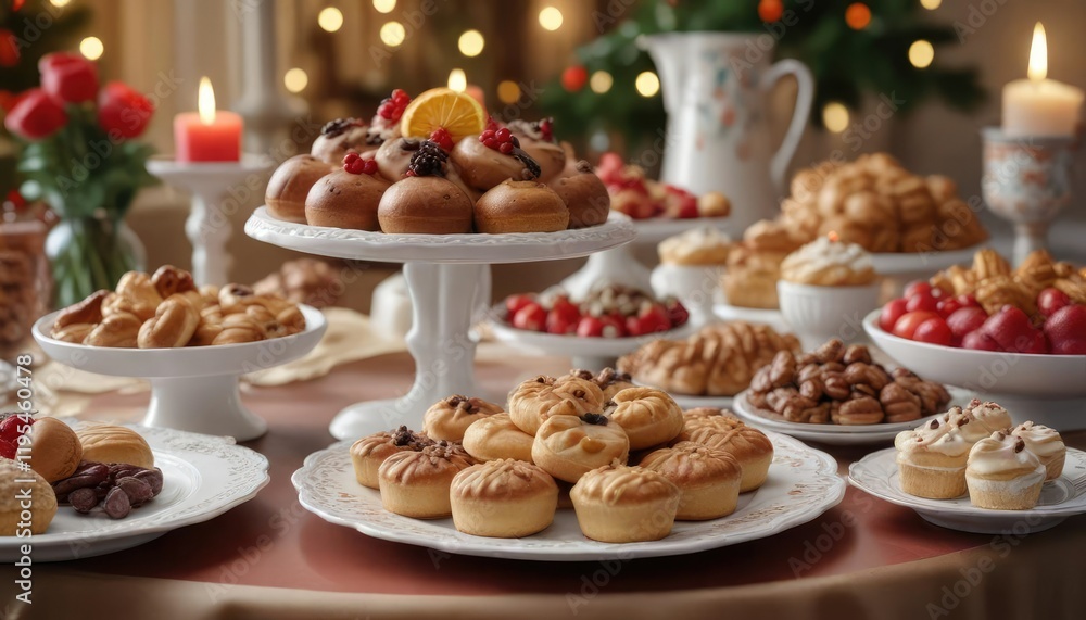 Fototapeta premium A beautifully decorated festive holiday dessert table, filled with an assortment of sweet treats and pastries, arranged artfully on a fine china plate, decorations, candies