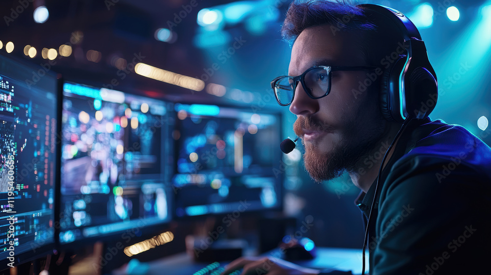 Professional Esports Commentator in Modern Studio with High-Tech Headset and Game Footage Monitors Professional Esports Commentator in Modern Studio with High-Tech Headset and Game Footage Monitors