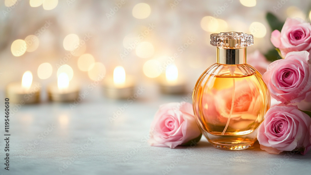 Elegant perfume bottle with pink roses and soft bokeh lights Elegant perfume bottle with pink roses and soft bokeh lights