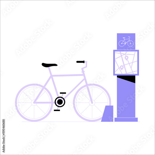 Bicycle And Docking Station With Navigation Map In Flat Vector Illustration Symbolizing Bike Sharing System And Urban Transportation, Isolated On White Background