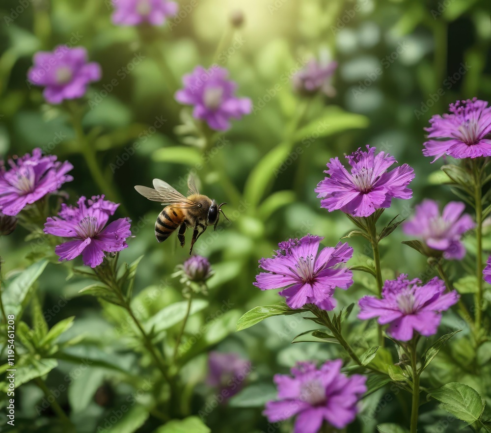 A bee is resting on a small, delicate purple flower amidst a lush green garden, bees, botanical A bee is resting on a small, delicate purple flower amidst a lush green garden, bees, botanical