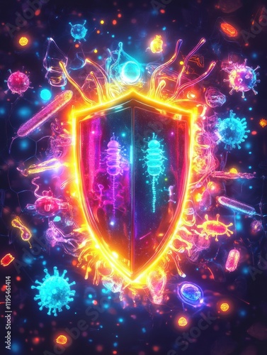 Shield created with vibrant colors deflects harmful microbes in a digital realm filled with glowing particles and viruses. Generative AI photo