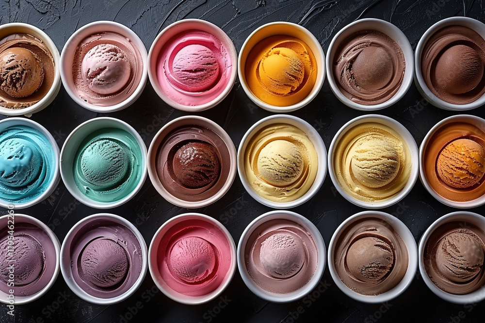 A close-up of colorful ice cream scoops in bowls, showcasing vibrant assorted flavors A close-up of colorful ice cream scoops in bowls, showcasing vibrant assorted flavors