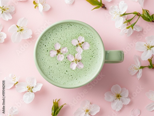green tea matcha relaxation concept, A pastel green cup of frothy matcha latte topped with delicate pink flowers, surrounded by white petals on a soft pink background.