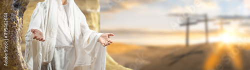 A man with open arms as a sign of love and trust is associated with the resurrected Savior Jesus Christ with Golgotha ​​behind. Biblical scene, Holy Scriptures New Testament, Christian religion