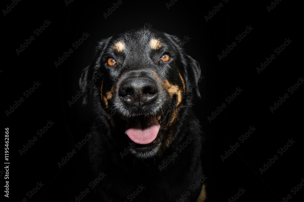 Portrait rottweiler mixed-breed dog with happy expression face and open mouth. Isolated on black background