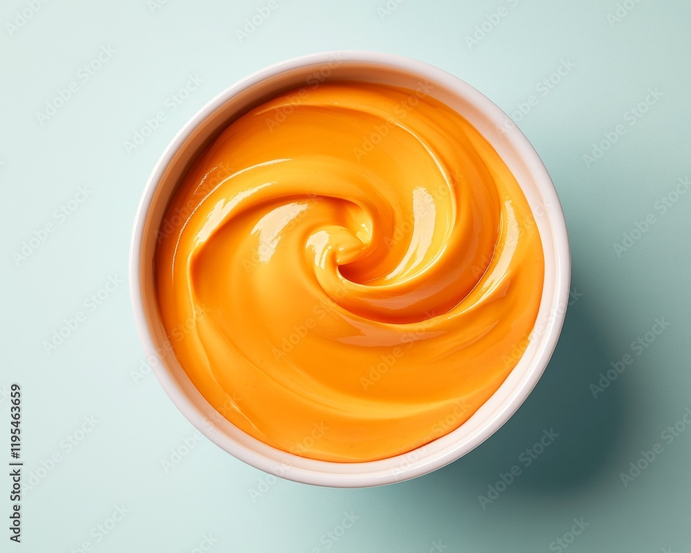 Vibrant Honey Mustard Swirl in White Bowl on Aqua Background - Culinary Art Vibrant Honey Mustard Swirl in White Bowl on Aqua Background - Culinary Art