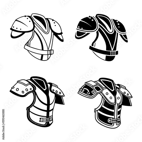 Set of Four Medieval Armor Chestplates Illustrations in Black and White Style