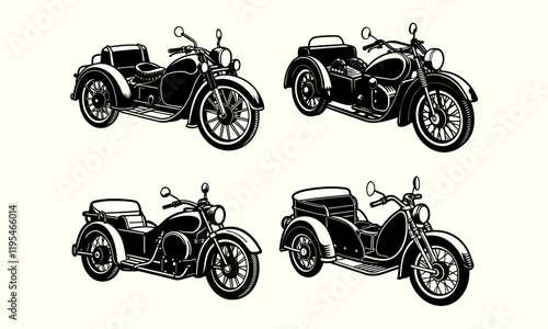 Vintage Sidecar Motorcycles Illustration in Classic Black and White Design