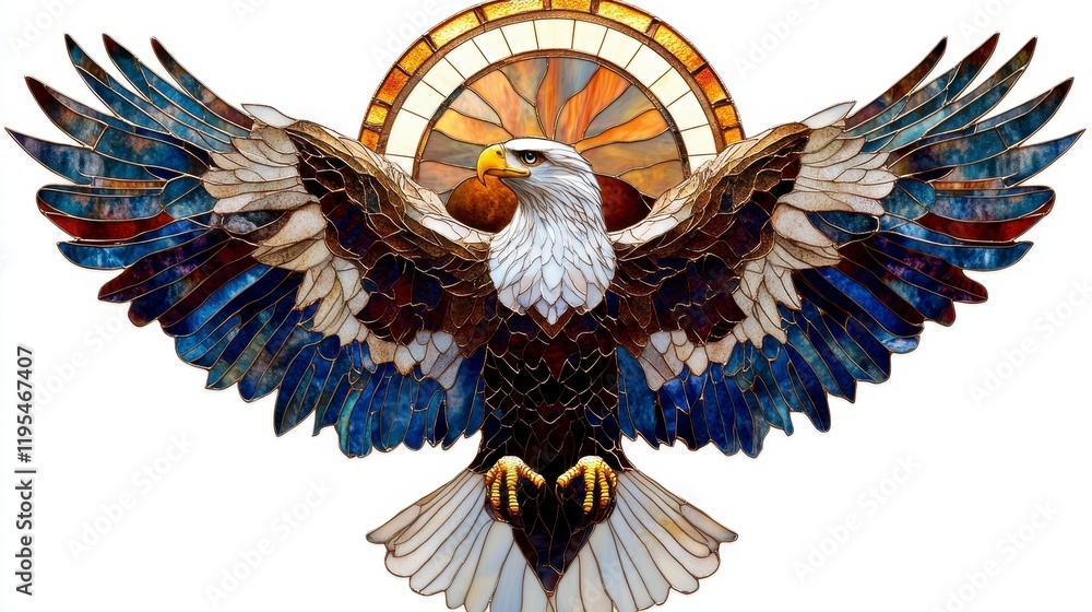 Obraz premium Majestic Eagles in Stained Glass Style, intricate watercolor clipart on a plain white backdrop, high resolution, vibrant and detailed design.