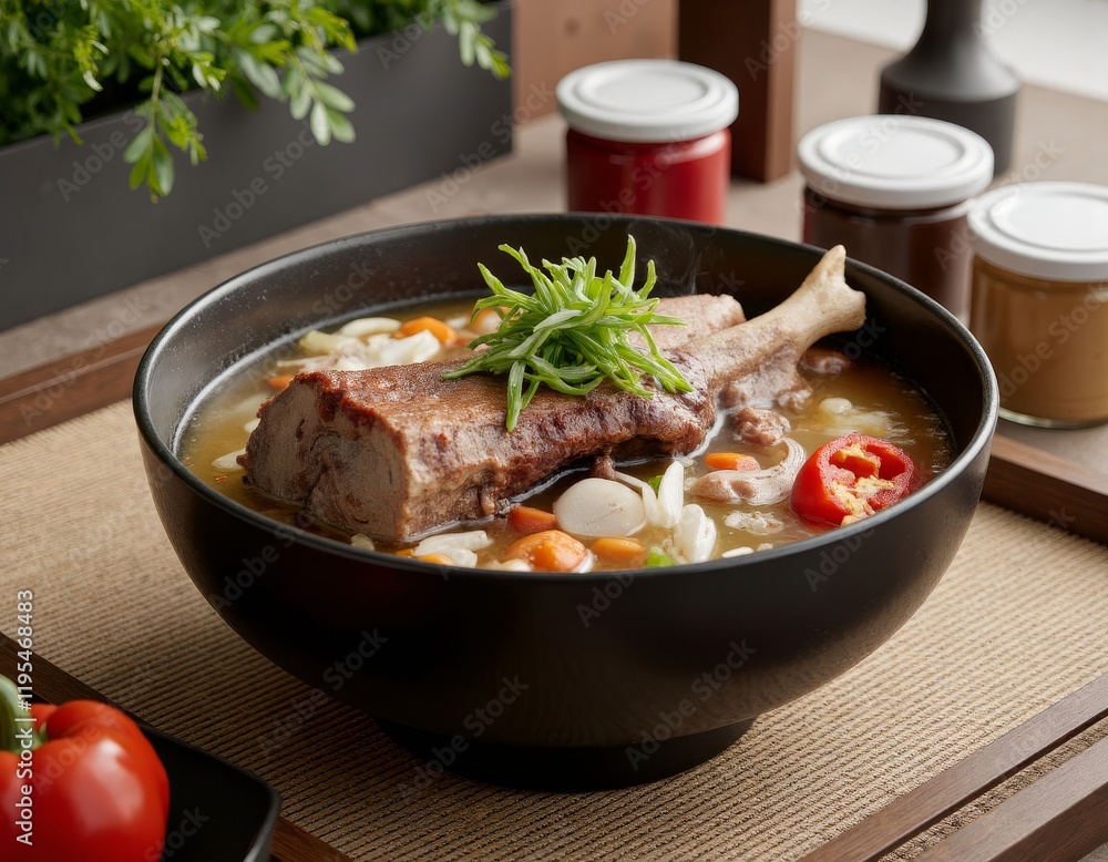 Bowl of soup with a large piece of bone-in meat and vegetables Bowl of soup with a large piece of bone-in meat and vegetables