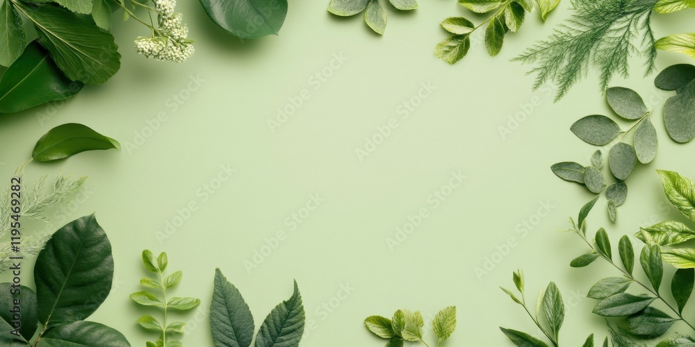 Obraz premium Various types of green leaves are creatively arranged along the edges of a light green surface, showcasing the diversity of plant life and textures