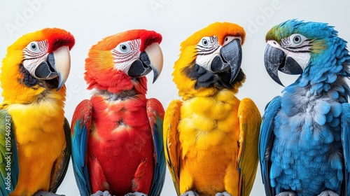 Four colorful parrots perched closely together, showcasing vibrant feathers against a plain background