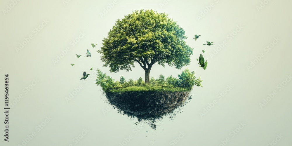 Fototapeta premium A vibrant tree stands on a small piece of earth, gently floating in a tranquil atmosphere, attracting butterflies and framed by lush foliage