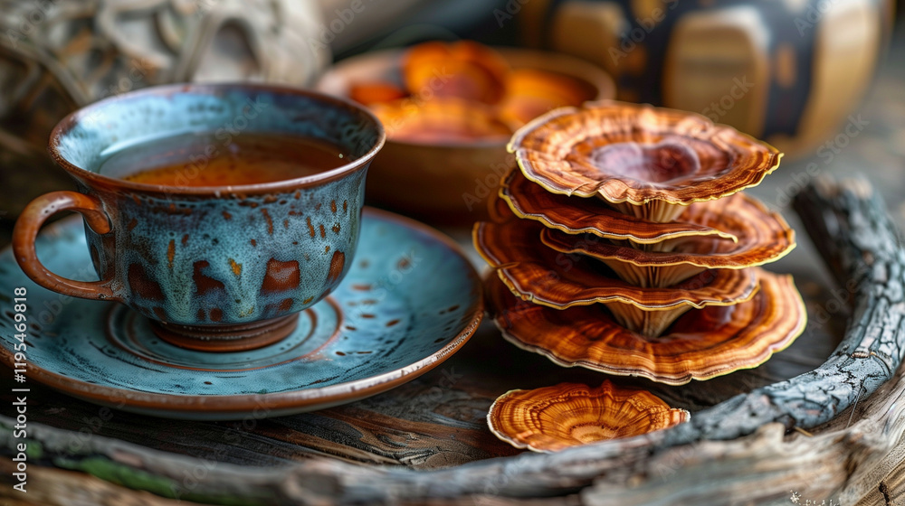 A rustic still life composition featuring a textured ceramic cup and saucer with herbal tea and decorative mushroom-shaped wood pieces A rustic still life composition featuring a textured ceramic cup and saucer with herbal tea and decorative mushroom-shaped wood pieces