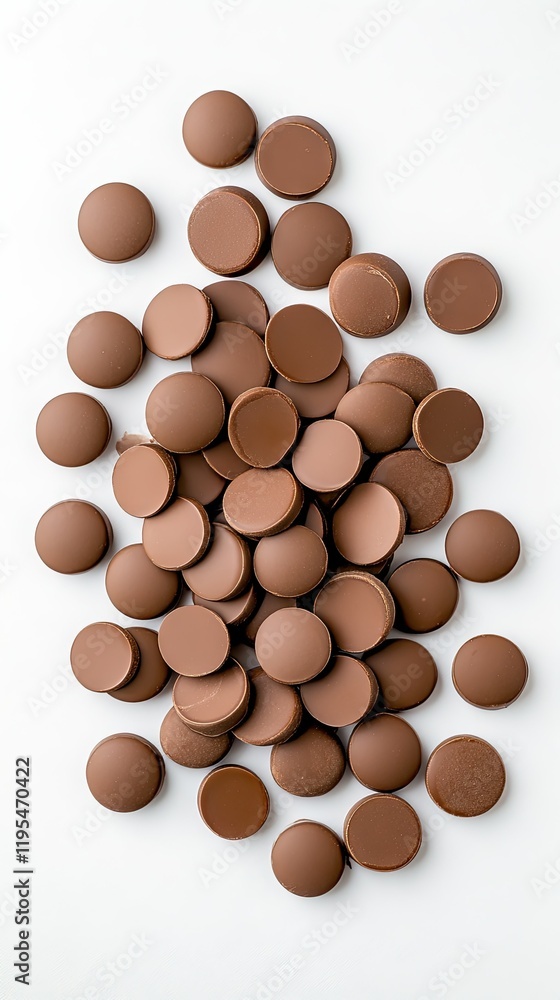 A collection of chocolate wafers in different sizes is arranged on a bright white background. The smooth surface and rich brown hue create an appealing visual, highlighting their deliciousness