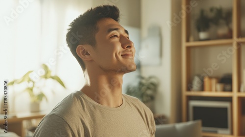 Young Kazakh man enjoys a peaceful morning in a cozy living room filled with modern decor and personal touches