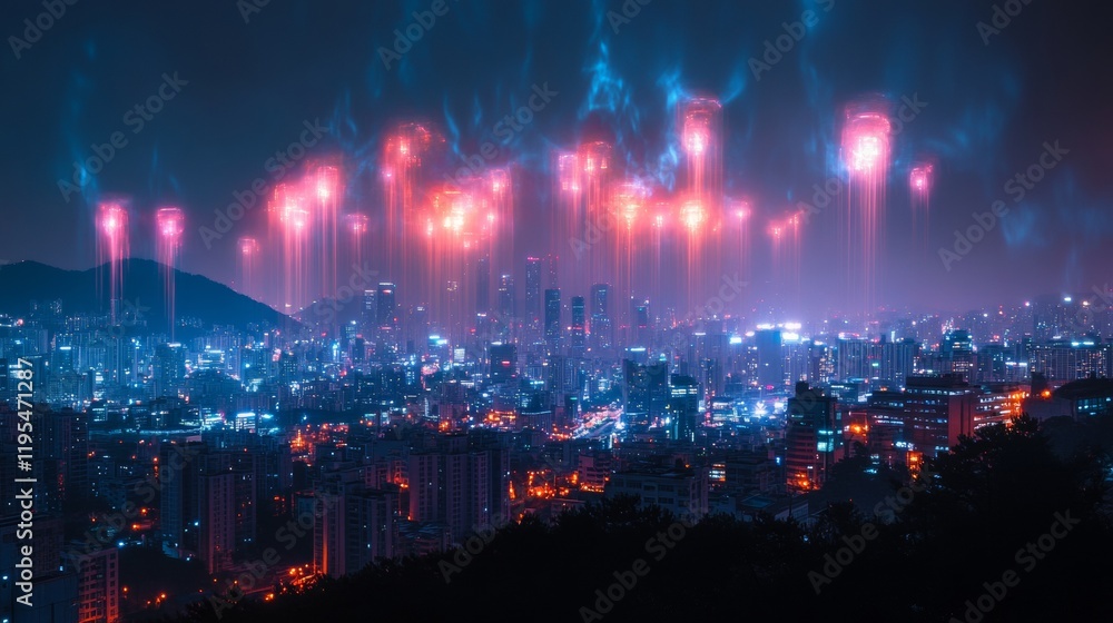 Fototapeta premium Futuristic Seoul Nightscape with Neon Holographic Sports Streams Illuminating City Skyline