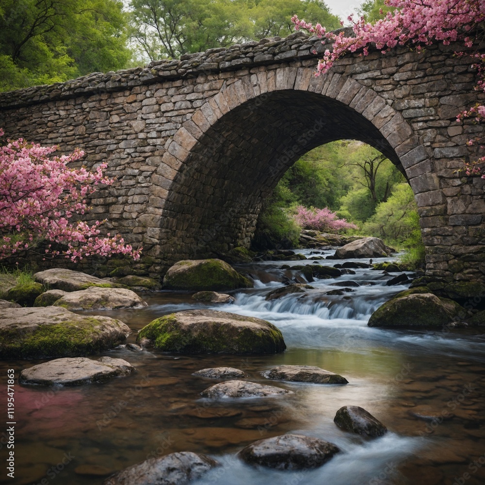Pink blossoms framing an ancient stone bridge in a picturesque landscape. Pink blossoms framing an ancient stone bridge in a picturesque landscape.