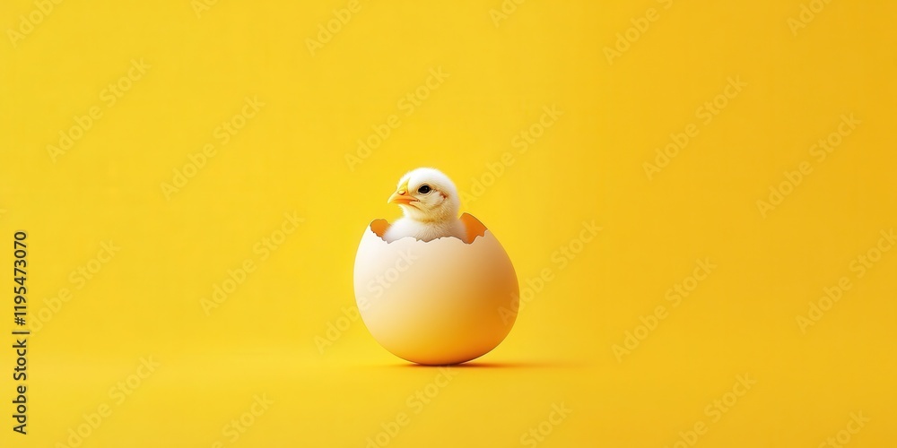 A small chick is emerging from its eggshell, set against a bright yellow background, symbolizing new beginnings and the joys of life A small chick is emerging from its eggshell, set against a bright yellow background, symbolizing new beginnings and the joys of life