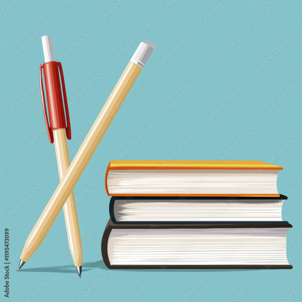 Books and pens arranged on teal background, showcasing study theme. Perfect for educational content and creative projects Books and pens arranged on teal background, showcasing study theme. Perfect for educational content and creative projects