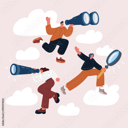 Cartoon vector illustration of dynamic men and women floating in the sky with a telescope, binoculars, and magnifying glass, symbolizing exploration, vision, and discovery