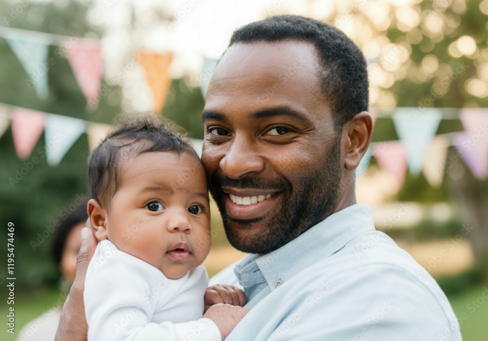 Father and baby daughter share a tender moment at a garden party, celebrating family and love Father and baby daughter share a tender moment at a garden party, celebrating family and love