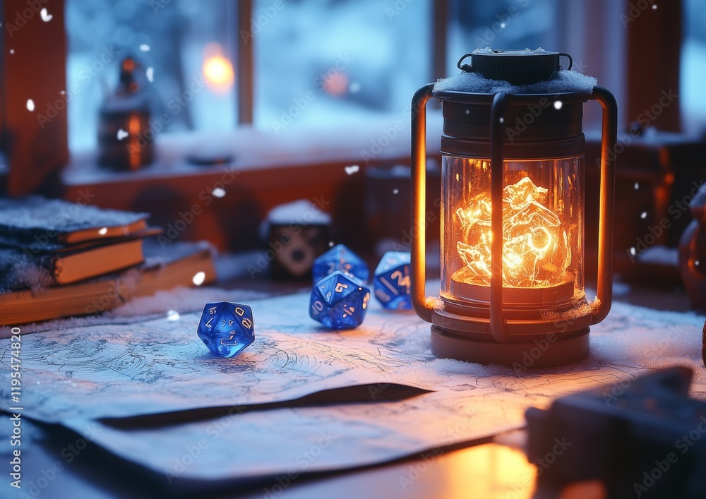 Warm Winter Gaming Ambiance Lantern-lit Tabletop RPG Setup with Dice and Maps Warm Winter Gaming Ambiance Lantern-lit Tabletop RPG Setup with Dice and Maps