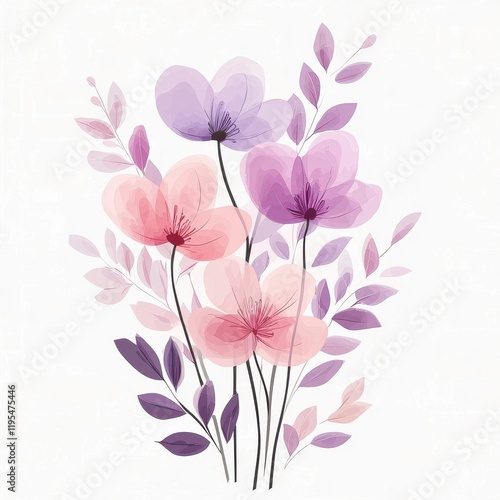 Delicate floral arrangement with purple and pink translucent flowers and soft leafy accents