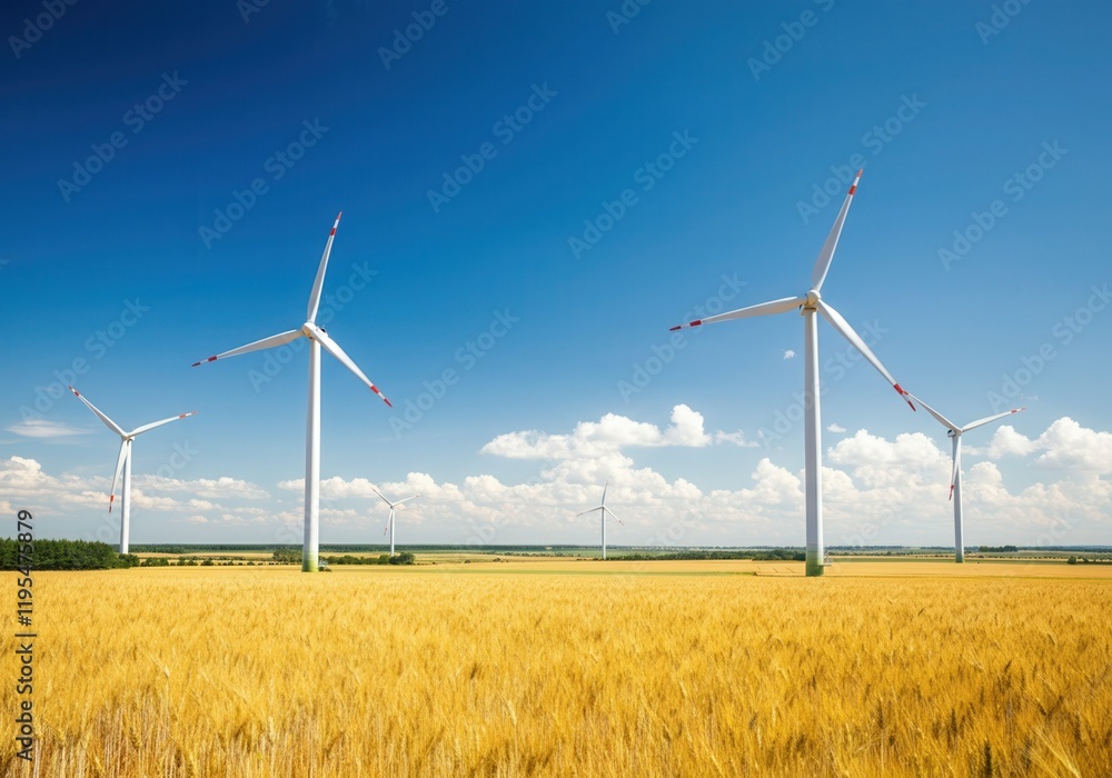 Wind turbines are standing in a golden wheat field, generating clean energy under a bright blue sky with some white clouds Wind turbines are standing in a golden wheat field, generating clean energy under a bright blue sky with some white clouds