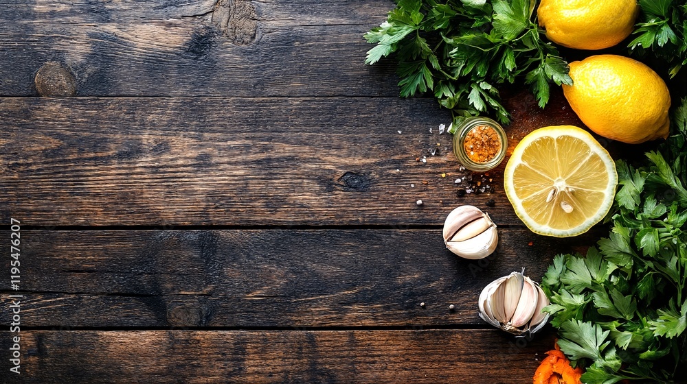 Fresh ingredients on a dark wooden table. Fresh ingredients on a dark wooden table.