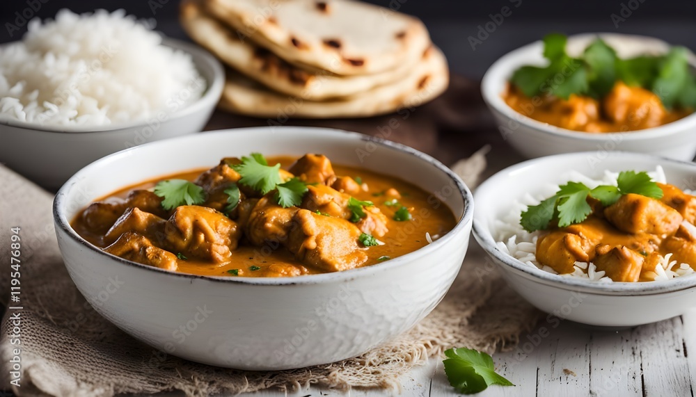 Homemade Indian Coconut Chicken Curry with Rice and Naan Bread Homemade Indian Coconut Chicken Curry with Rice and Naan Bread