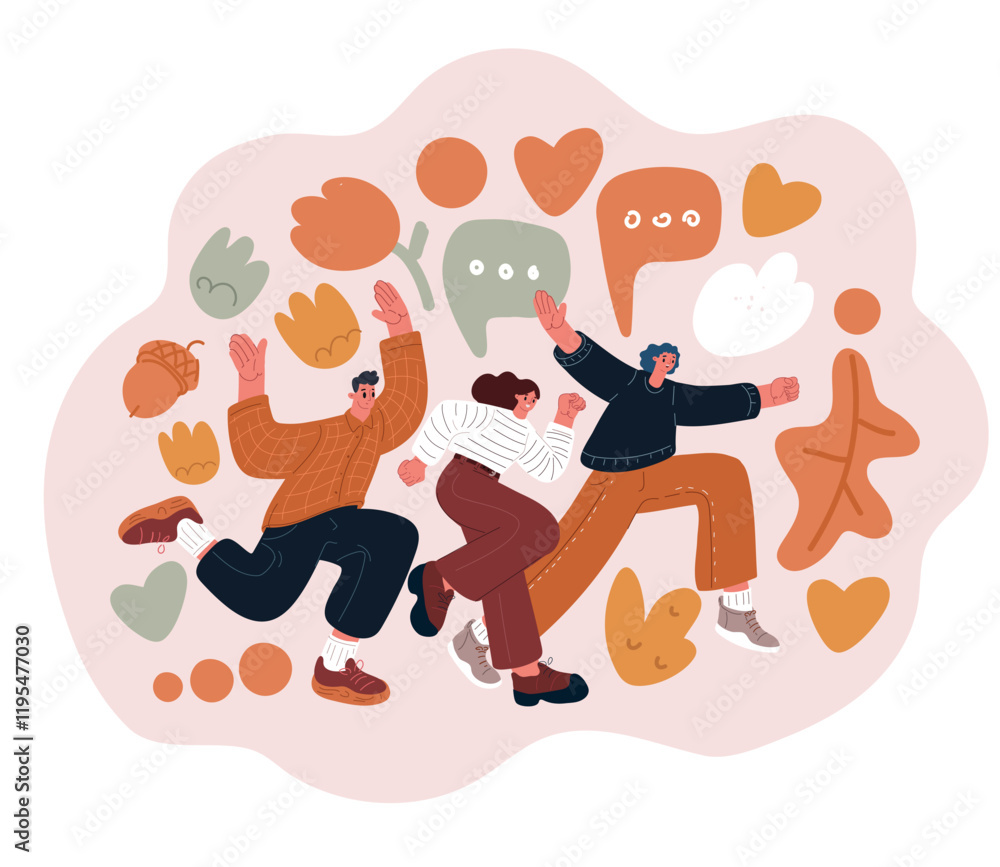Cartoon vector illustration of happy men and women running joyfully and waving, symbolizing celebration, freedom, and positive vibes Cartoon vector illustration of happy men and women running joyfully and waving, symbolizing celebration, freedom, and positive vibes
