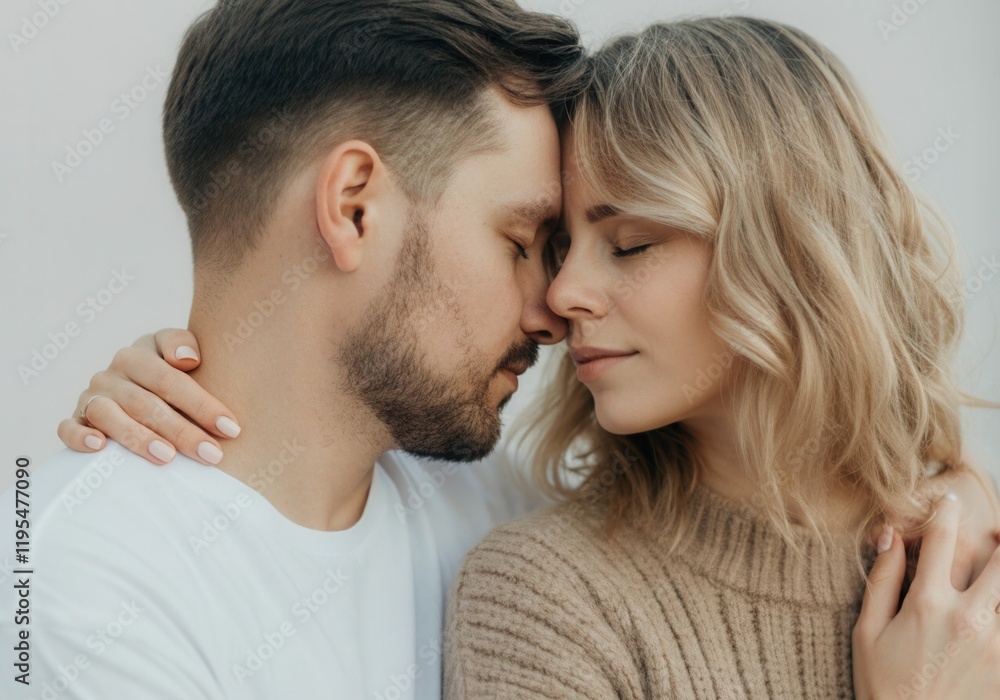 Romantic couple embracing with closed eyes, enjoying tender moment of closeness and affection Romantic couple embracing with closed eyes, enjoying tender moment of closeness and affection