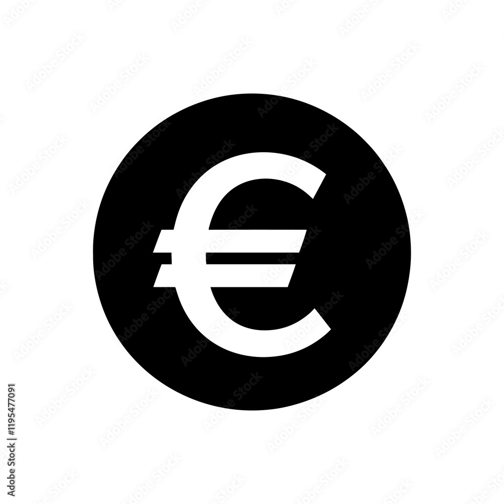 Black round shape with white euro sign symbol vector illustration design on white background. Black round shape with white euro sign symbol vector illustration design on white background.