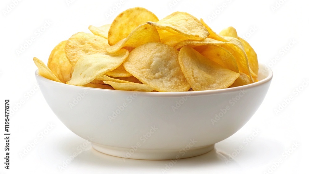 White bowl with potato chips isolated on white background
White bowl with potato chips isolated on white background