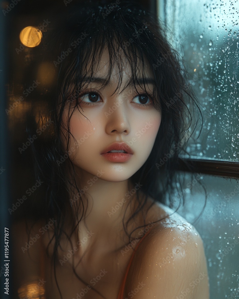 Introspective Portrait of a Young Woman by Rainy Window Introspective Portrait of a Young Woman by Rainy Window